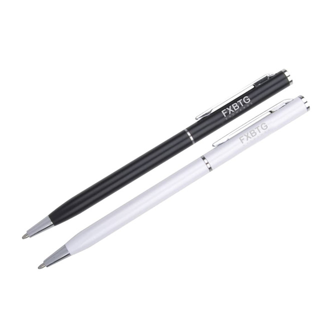 Two Aluminium Cross Pens in black and white, featuring metal accents and a branding logo.