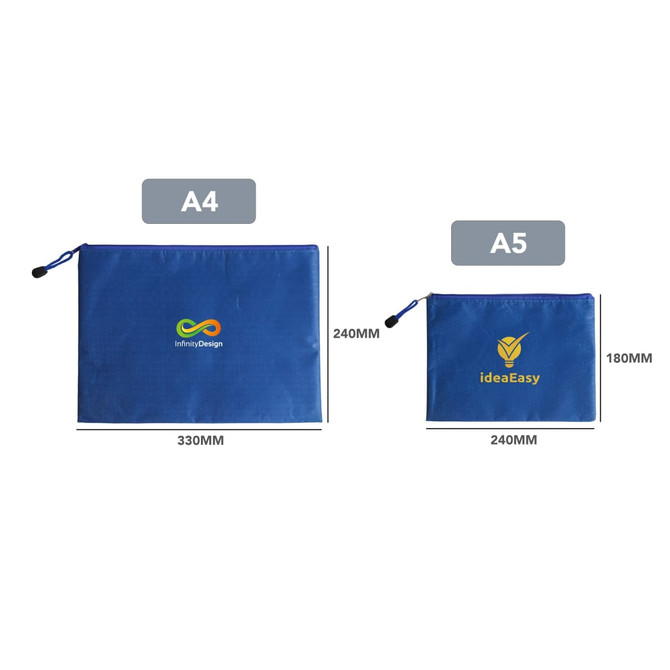 A blue zip bag in A4 and A5 sizes, featuring logos on the front of each bag.
