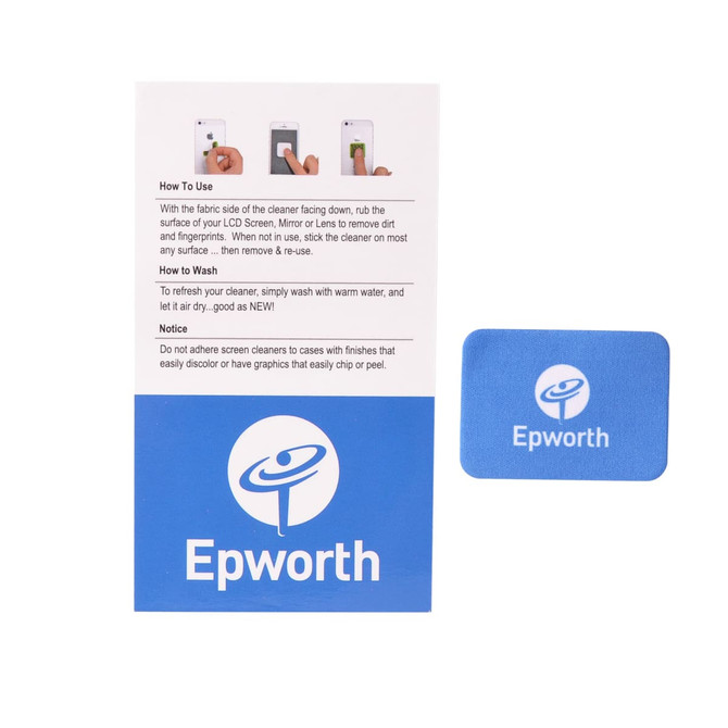 A blue phone screen cleaner cloth with a card featuring instructions and a logo.