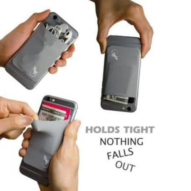 A grey Lycra Smart Wallet featuring a phone, earphones, and a credit card, showcasing its secure, tight hold.