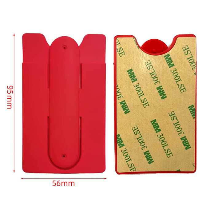 A red phone wallet stand with adhesive backing, featuring a minimalist design and dimensions of 95mm by 56mm.