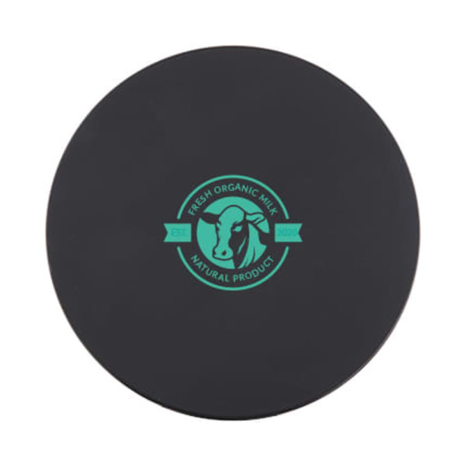 A round black coaster featuring a teal logo of a cow with the words "Fresh Organic Milk" and "Natural Product".