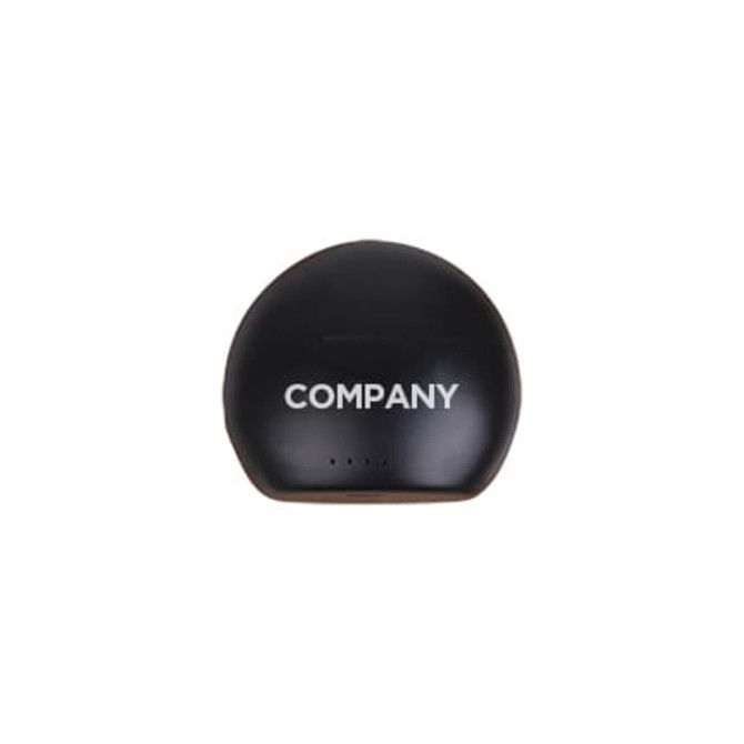 A black charging case for luxury round true wireless earbuds with a logo on the front.