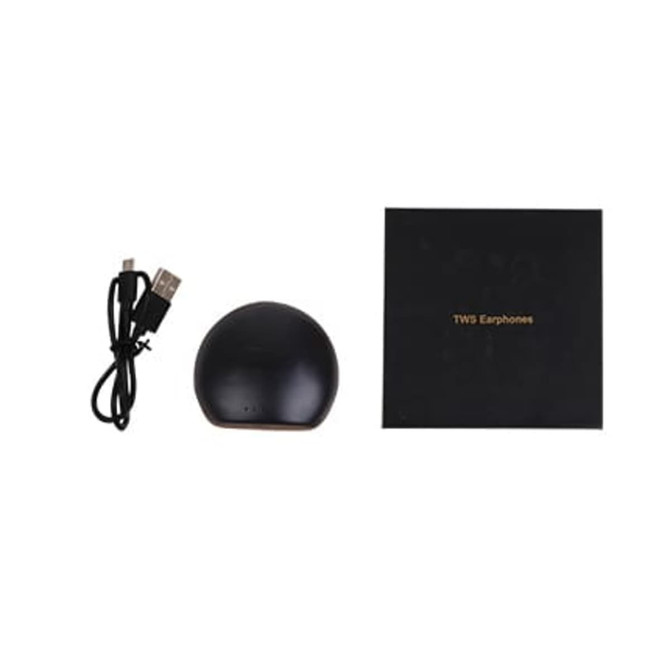 A black charging case with true wireless earbuds, a USB cable, and a packaging box.