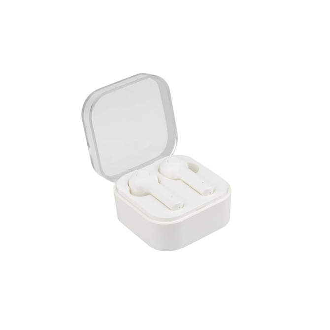 White true wireless earbuds inside a square charging case with a translucent lid.