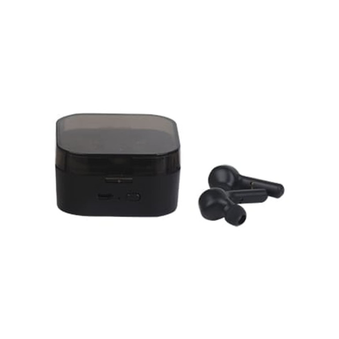 Square true wireless earbuds in black with a matching charging case. The case features a transparent lid.
