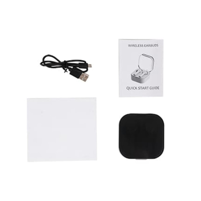 A set of black true wireless earbuds, a charging case, a USB charging cable, and a quick start guide.
