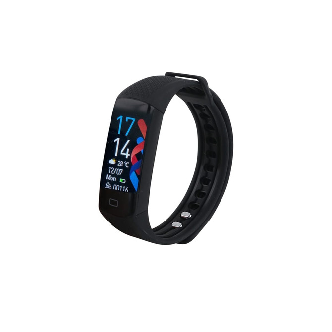 A black multifunctional smart band with a digital display showing time and fitness metrics. It has a branded logo.