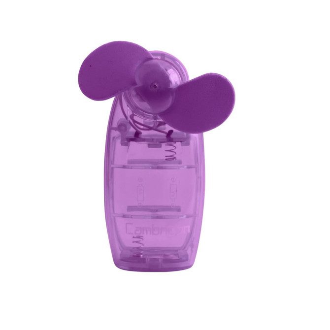 A purple transparent handheld fan with two blades and a small base, featuring a logo.