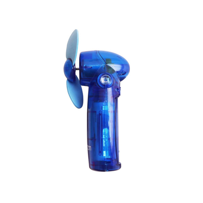 A transparent blue handheld fan with a small blade and a compact design. It features a logo on the side.