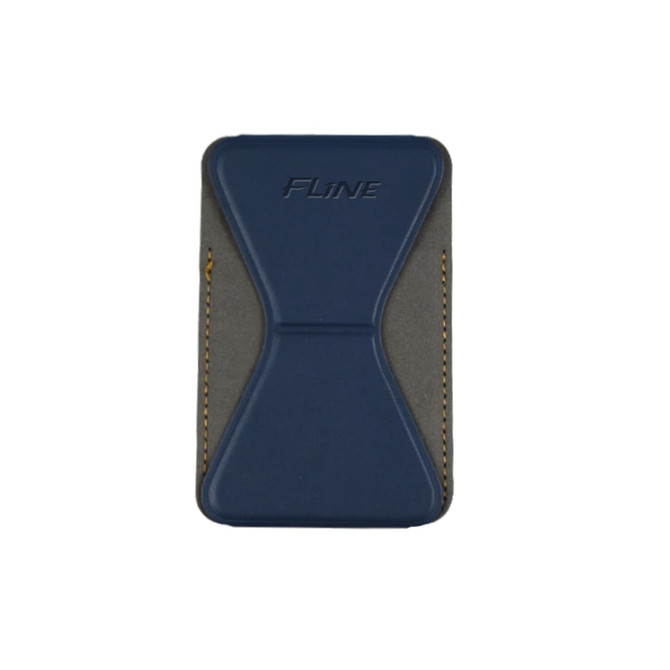 A blue PU MagSafe phone stand card holder with an embossed logo and a sleek design, ideal for phone wallets.