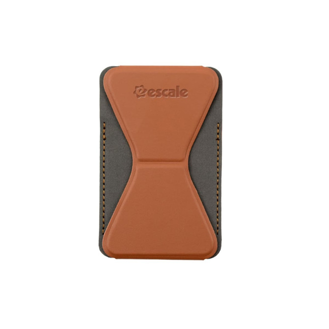 A brown and grey phone stand card holder with a logo, designed for convenient phone wallet use.
