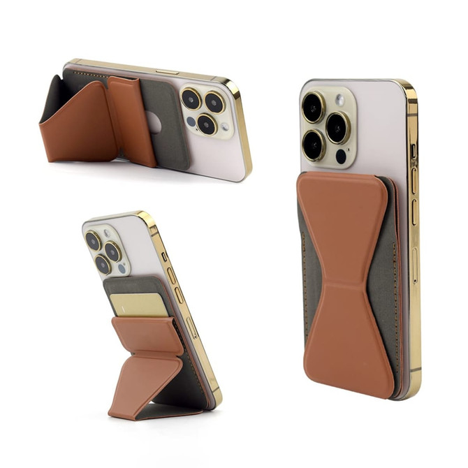 A PU MagSafe phone stand card holder in brown and grey, attached to a smartphone, showcasing multiple angles.
