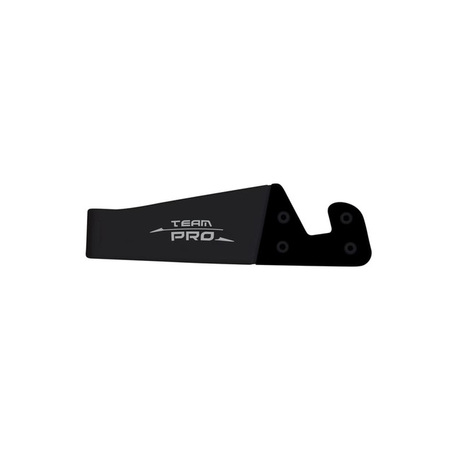 A black V-shaped stand designed for iPhones and iPads, featuring a logo. Ideal for holding devices securely.