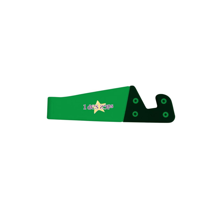 A green V-shaped iPhone and iPad stand with holes for adjustment, featuring a logo.