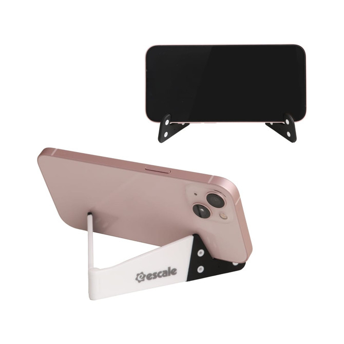 A V-shaped phone stand in black and white, holding a smartphone in a vertical position, featuring a logo.