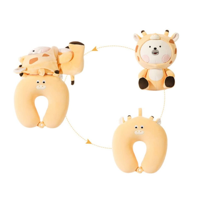 A plush yellow travel pillow shaped like a giraffe, convertible between a pillow and a sitting animal figure, with a cute face.