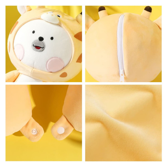 A plush, yellow giraffe-shaped travel pillow featuring a zip closure and button fastenings, with a soft texture.
