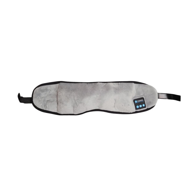 A grey Bluetooth sleep headphone band with a black trim and a logo on the side.