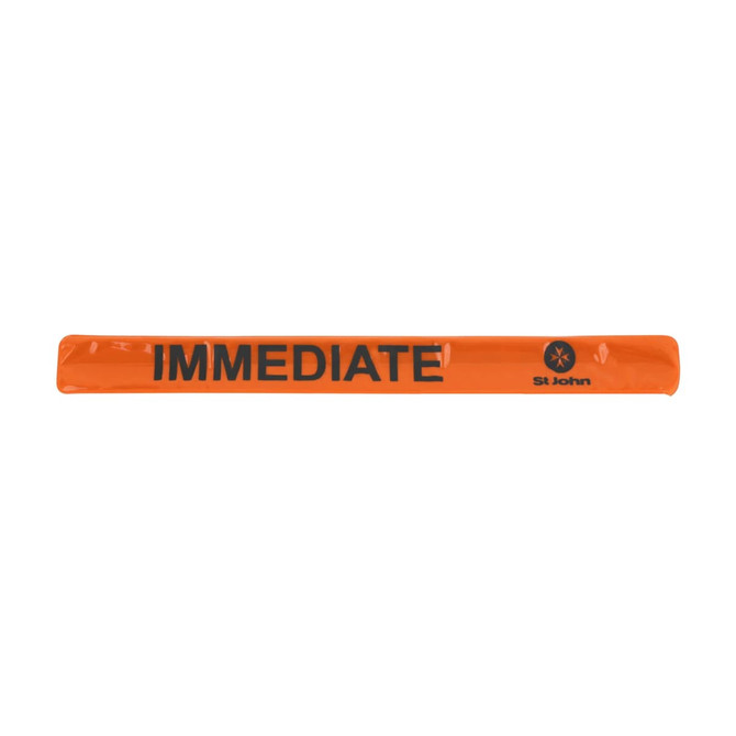 An orange reflective slap band with a logo, designed as a clothing accessory.