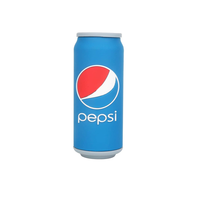 A drink bottle shaped like a blue Pepsi can, featuring a logo and a grey base.