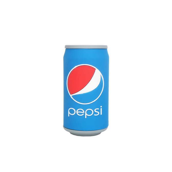 A blue drink can with a logo, featuring a red and white design, placed on a white background.