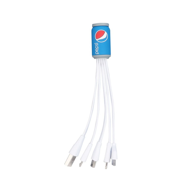 A drink bottle in blue with multiple white charging cables attached, featuring a logo.