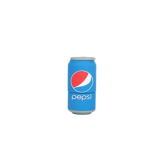 A blue drink bottle resembling a Pepsi can, featuring a logo and grey accents.