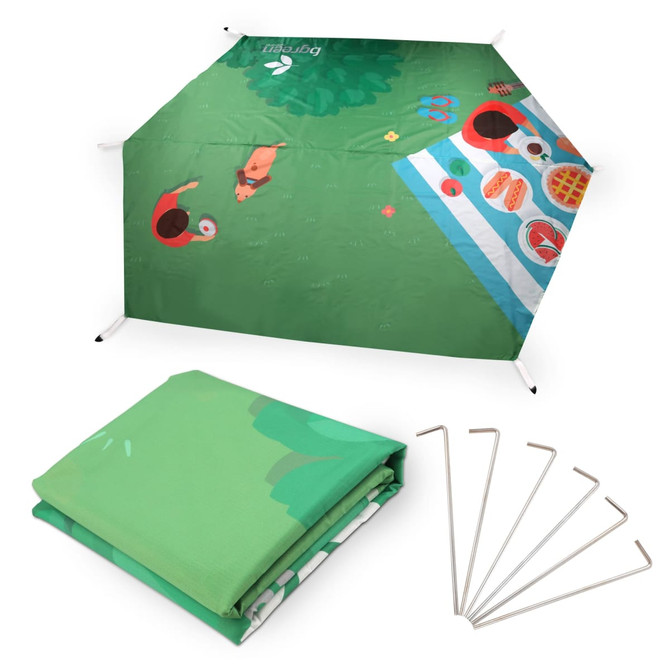 An outdoor hexagon blanket, 280x210cm, featuring a vibrant green design with picnic elements and a logo. Includes pegs.