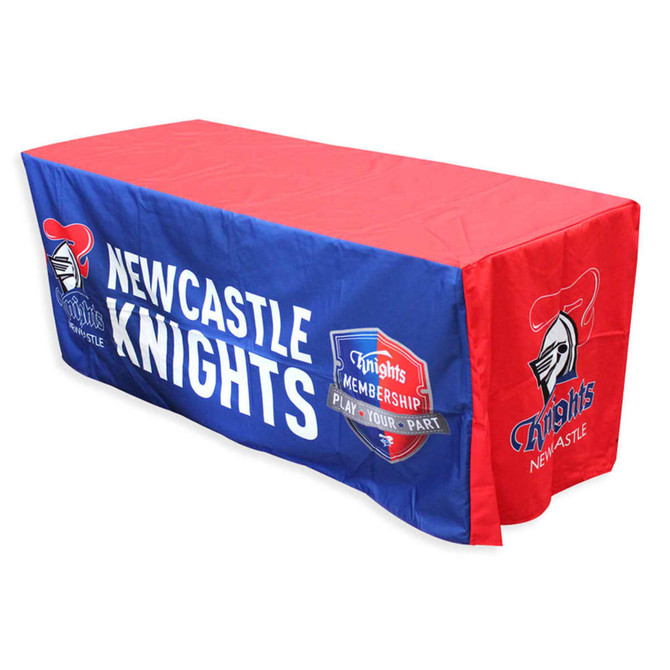 A fitted tablecloth featuring blue and red colours with a logo, designed for a 4ft table.
