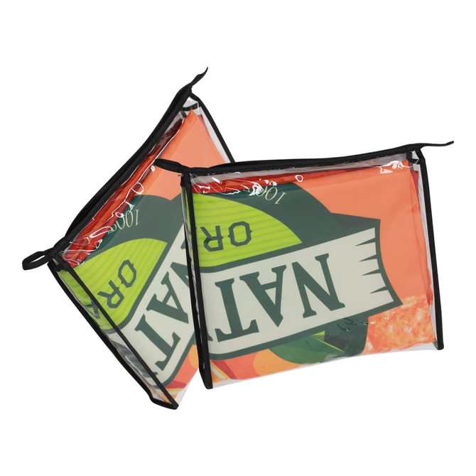 Two transparent bags with orange backgrounds, featuring colourful designs and black zippers. Each bag has a logo.