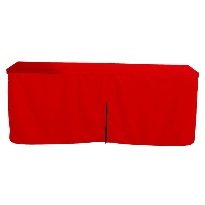 A red fitted tablecloth with a zipper back, designed for an 8ft table, featuring a logo.