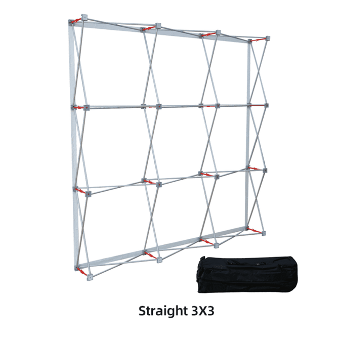 A straight 3x3 fabric popup display stand in silver with a black carrying bag.