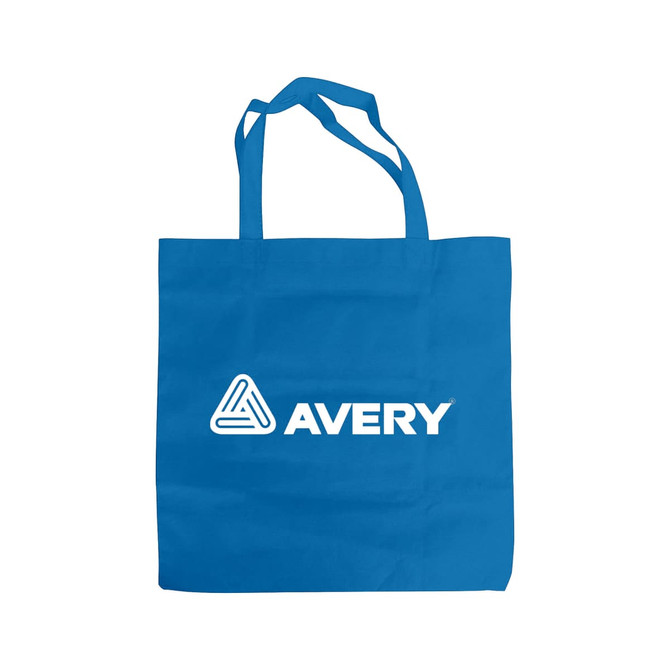 A royal blue non-woven foldable bag with two handles and a logo on the front.