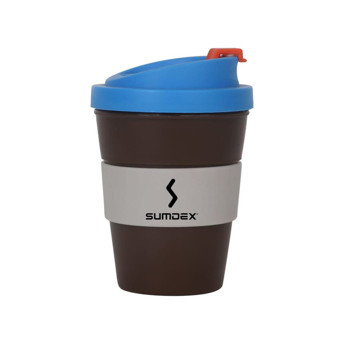 A glossy 250ml coffee cup in brown with a blue lid and a grey band, featuring a logo.