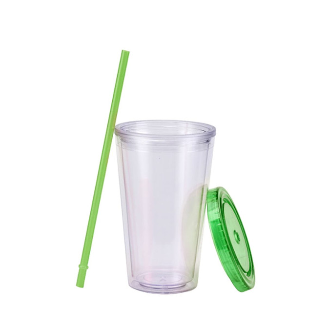 A clear plastic cup with a green lid and straw, suitable for drinks.