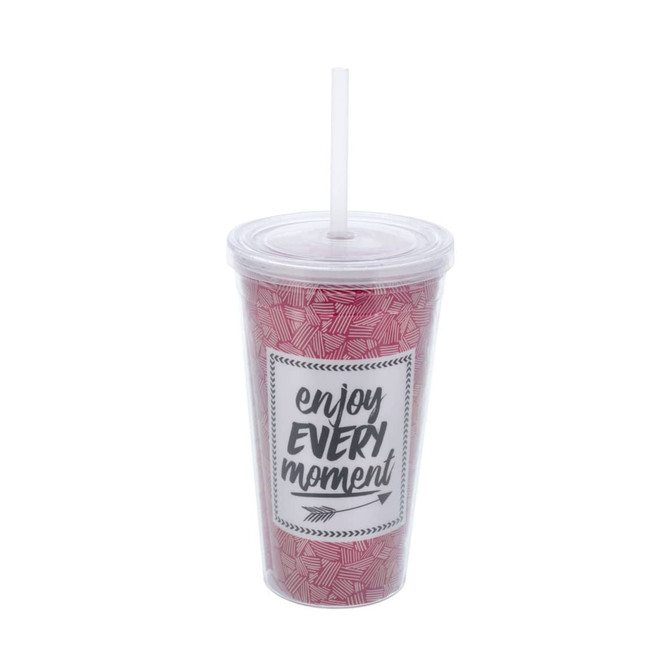 A clear plastic cup with a lid and straw, featuring a red leaf pattern and an accompanying logo.