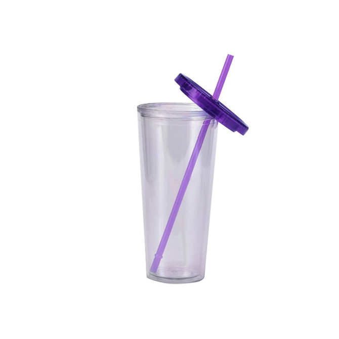 A plastic cup with a transparent body, purple lid, and straw. Suitable for beverages.