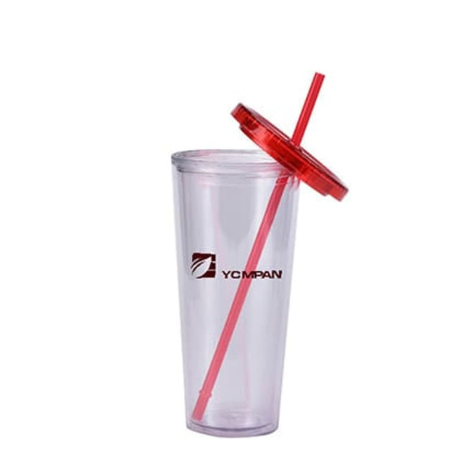 A transparent plastic cup with a red lid and straw, featuring a logo on the side.