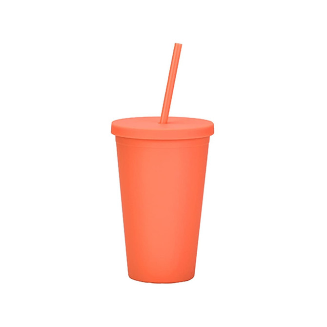 A matte orange plastic cup with a lid and straw, designed for drinkware use. Includes a logo.