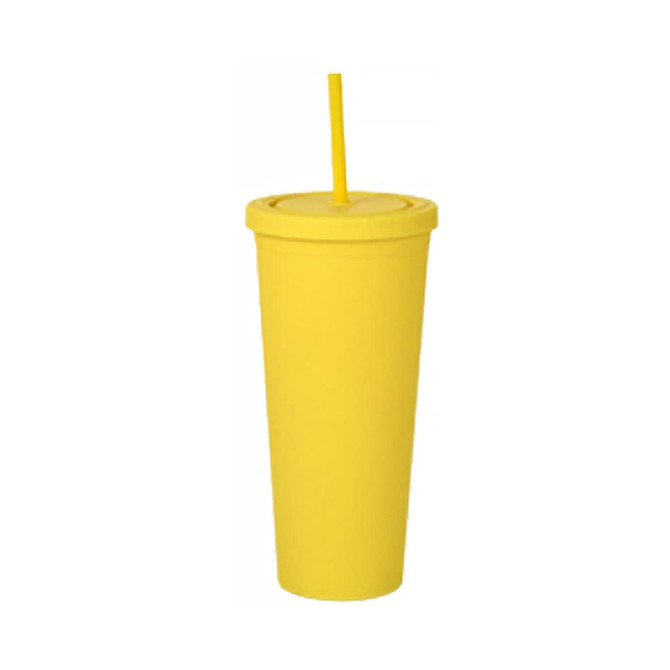 A drink bottle in bright yellow, featuring a lid and a straw, designed for plastic wear.