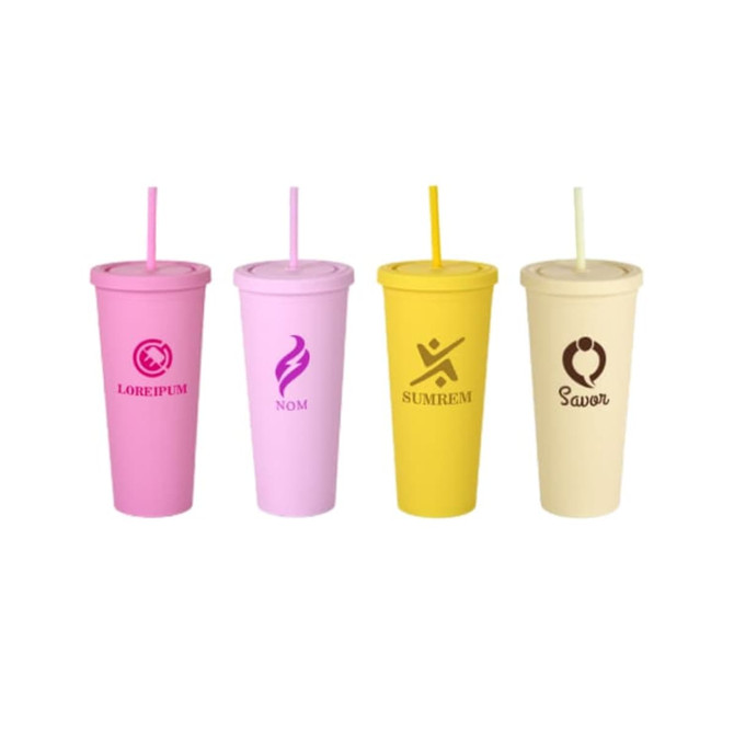 Four 24oz matte plastic cups in pink, purple, yellow, and cream, each with a lid and straw, featuring various logos.