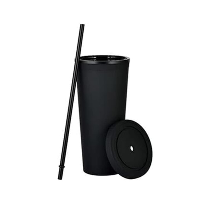 A drink cup in matte black with a lid and straw, designed for beverages. Features a simple design with branding.