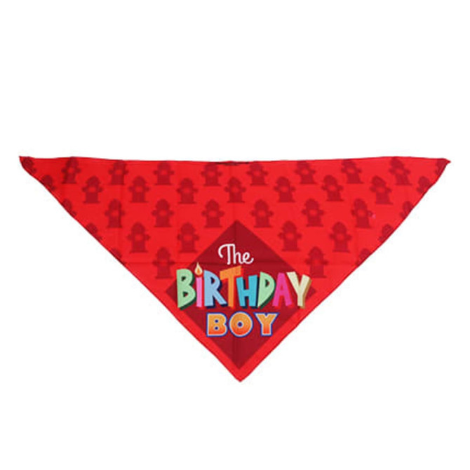 A red triangle pet bandana featuring a playful birthday theme and a logo.