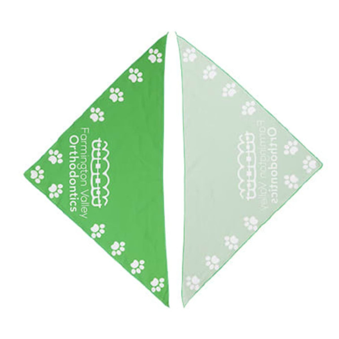 A green and light green triangular pet bandana with a paw print pattern. It features a logo on one side.