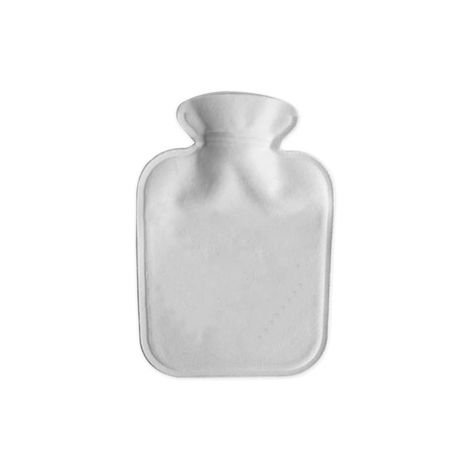 A white hot water bottle with a plush cover, featuring a rounded neck and a smooth surface.