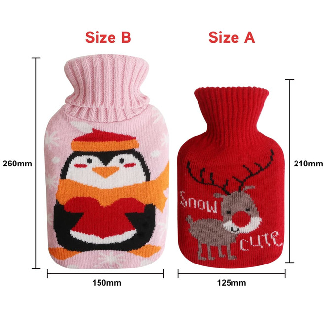 A hot water bottle with a pink penguin knitted cover and a red reindeer knitted cover, each with a distinctive design.