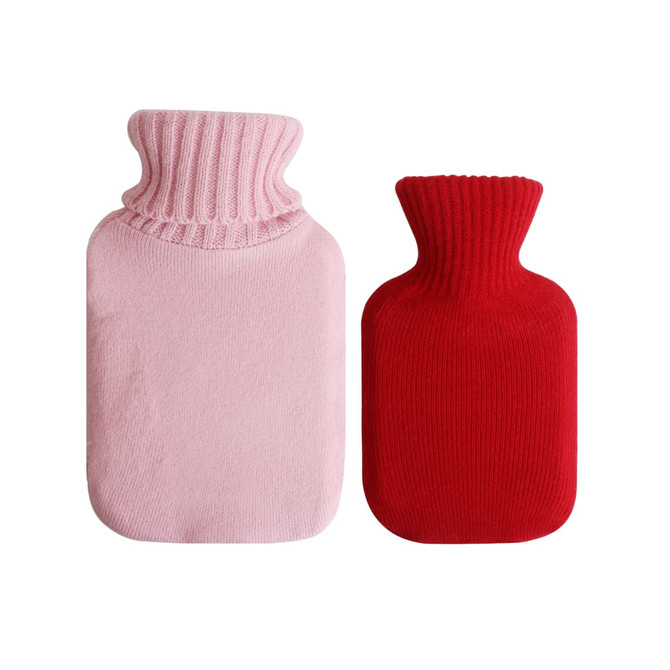 A hot water bottle with a knitted cover, featuring a pink and a red version, both with ribbed necks.