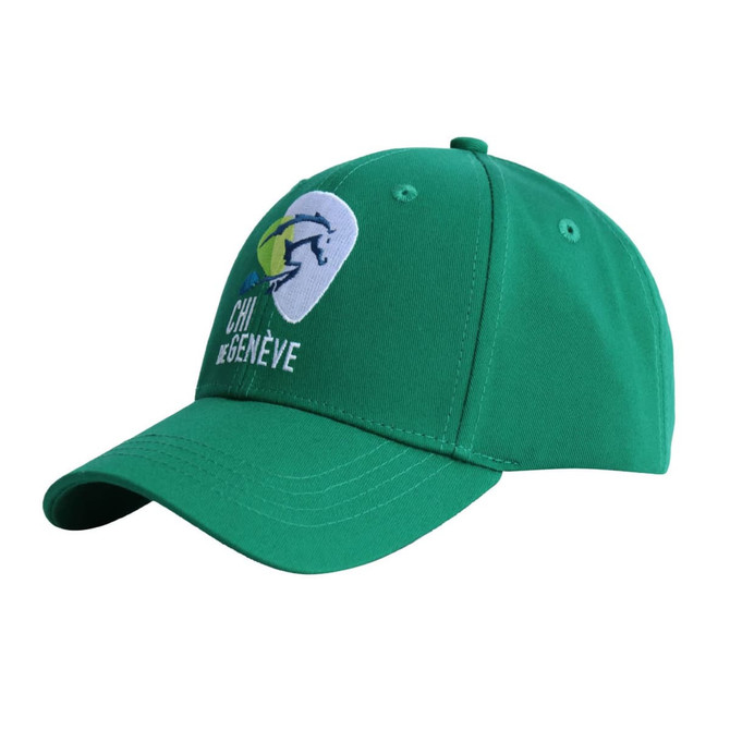 A green cap featuring an embroidered logo on the front. The cap has a curved brim and a classic design.