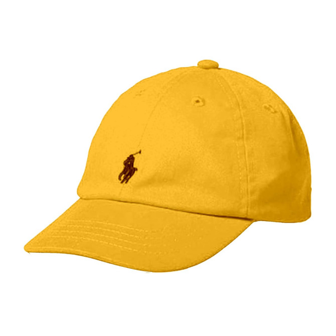 A yellow cap featuring a logo, designed as promotional headwear for sports.